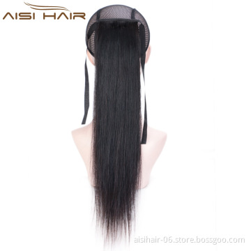 Aisi Hair Wholesale Human Hair Silky Straight Ribbon Ponytail Extensions Brazilian Human Hair Ponytail for Black Women